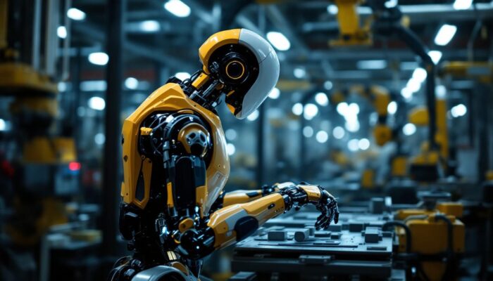 A photograph of a sleek industrial robot in action within a manufacturing setting