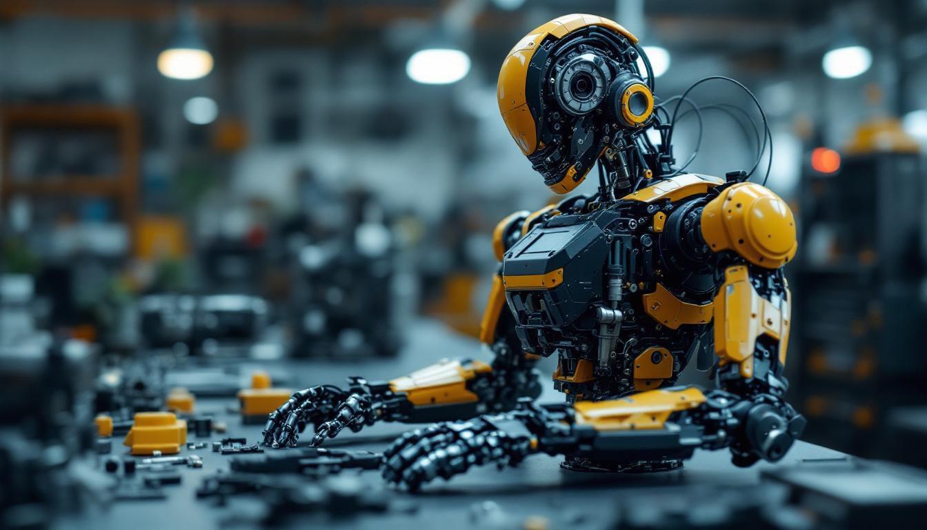 A photograph of a detailed model kit of an industrial robot assembled with precision