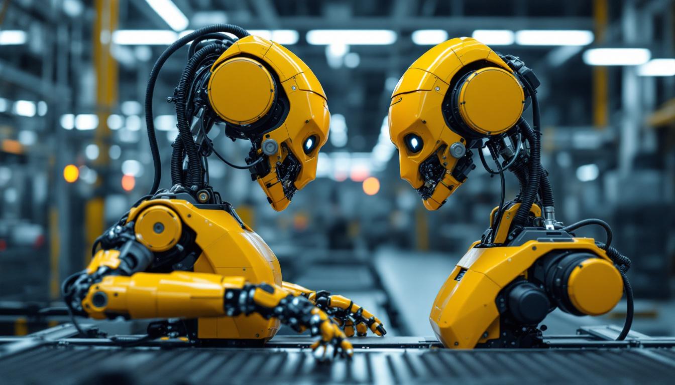 A photograph of capture a photograph of two industrial robots working in tandem on a manufacturing line