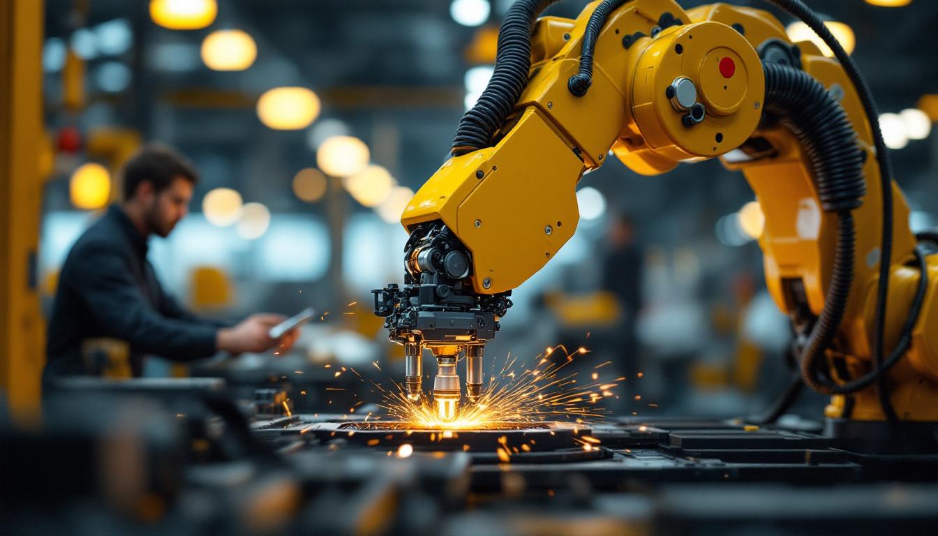 A photograph of a close-up of an industrial robot arm in action