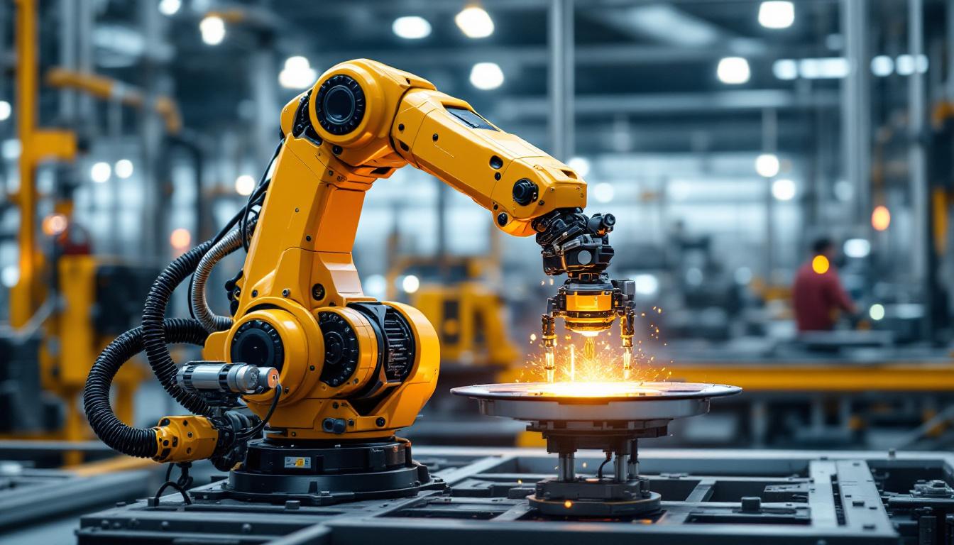 A photograph of a dynamic industrial robotic arm in action