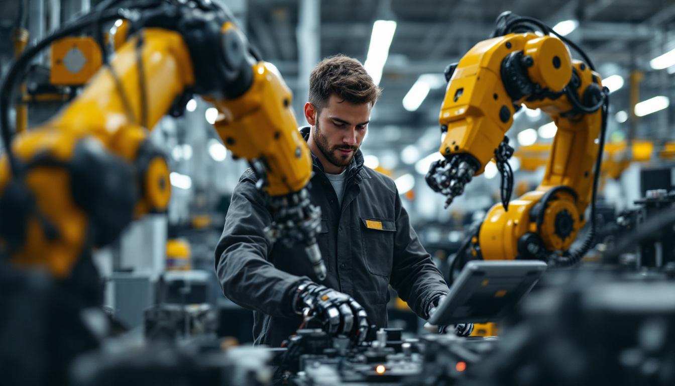 A photograph of a recent mechanical engineering graduate working collaboratively with industrial robots in a modern manufacturing setting