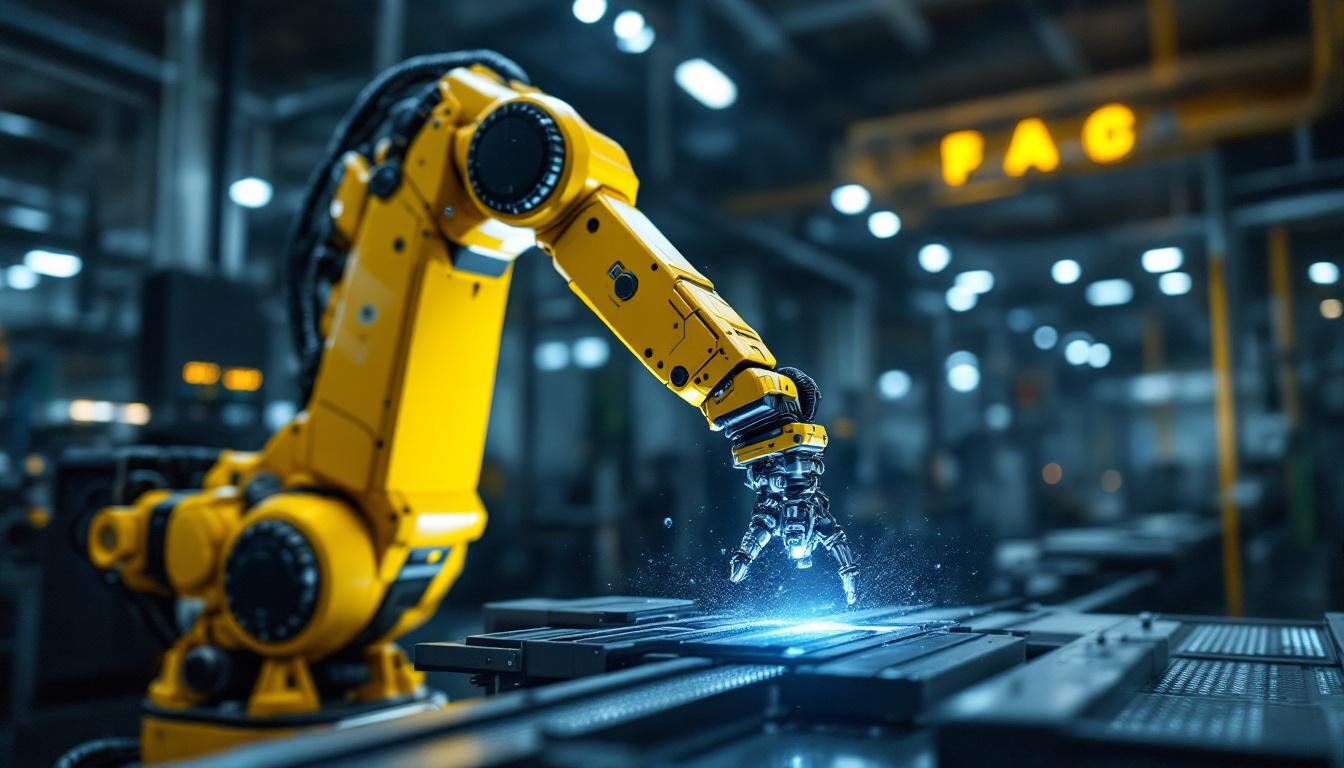 A photograph of a high-tech industrial robotic arm in action
