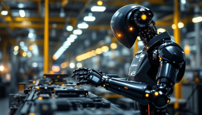 A photograph of a sleek industrial robot in action within a modern manufacturing facility