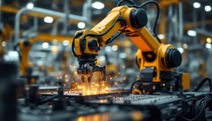 A photograph of a dynamic industrial robotic arm in action within a manufacturing environment