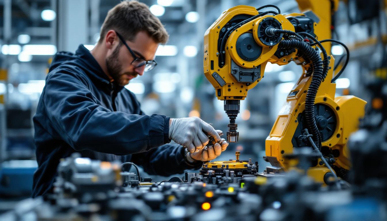 A photograph of a skilled technician working on an industrial robot in a high-tech manufacturing environment