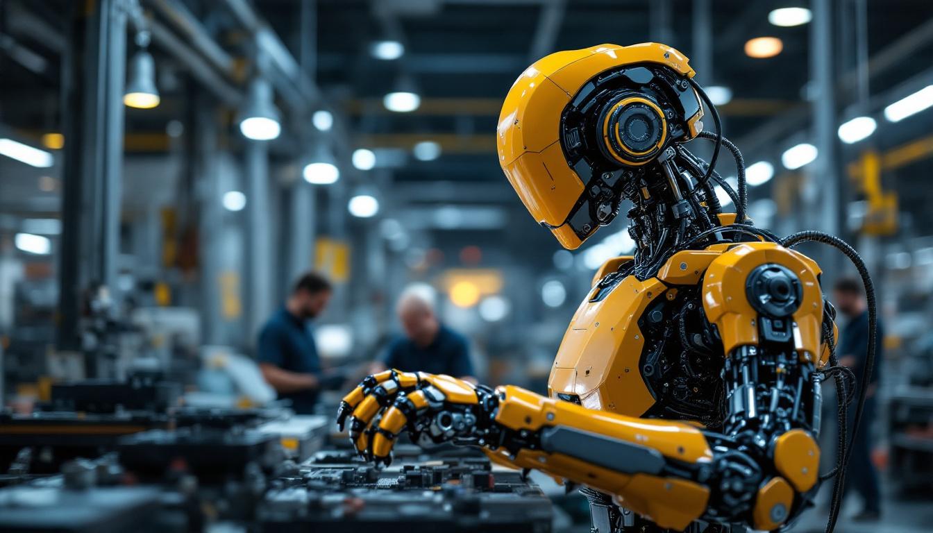 A photograph of a modern industrial robot in action within a factory setting