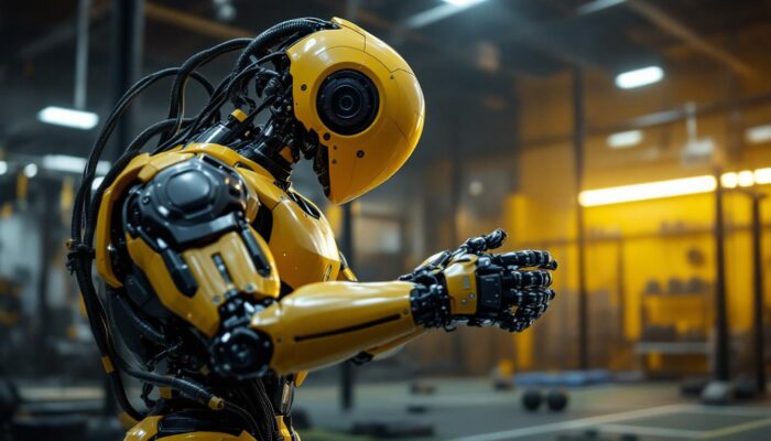 A photograph of a dynamic industrial robot in action within a sports facility