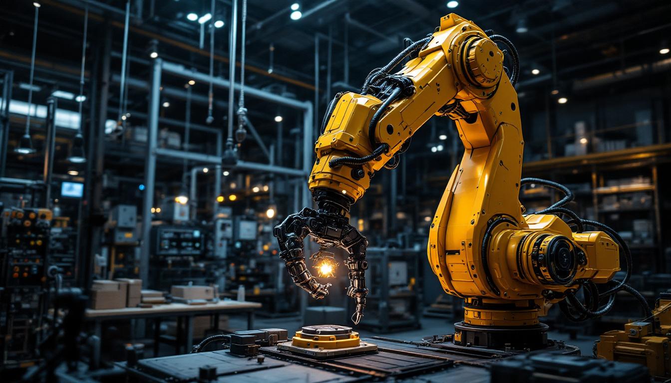 A photograph of a dynamic industrial robotic arm in action at the national museum zürich