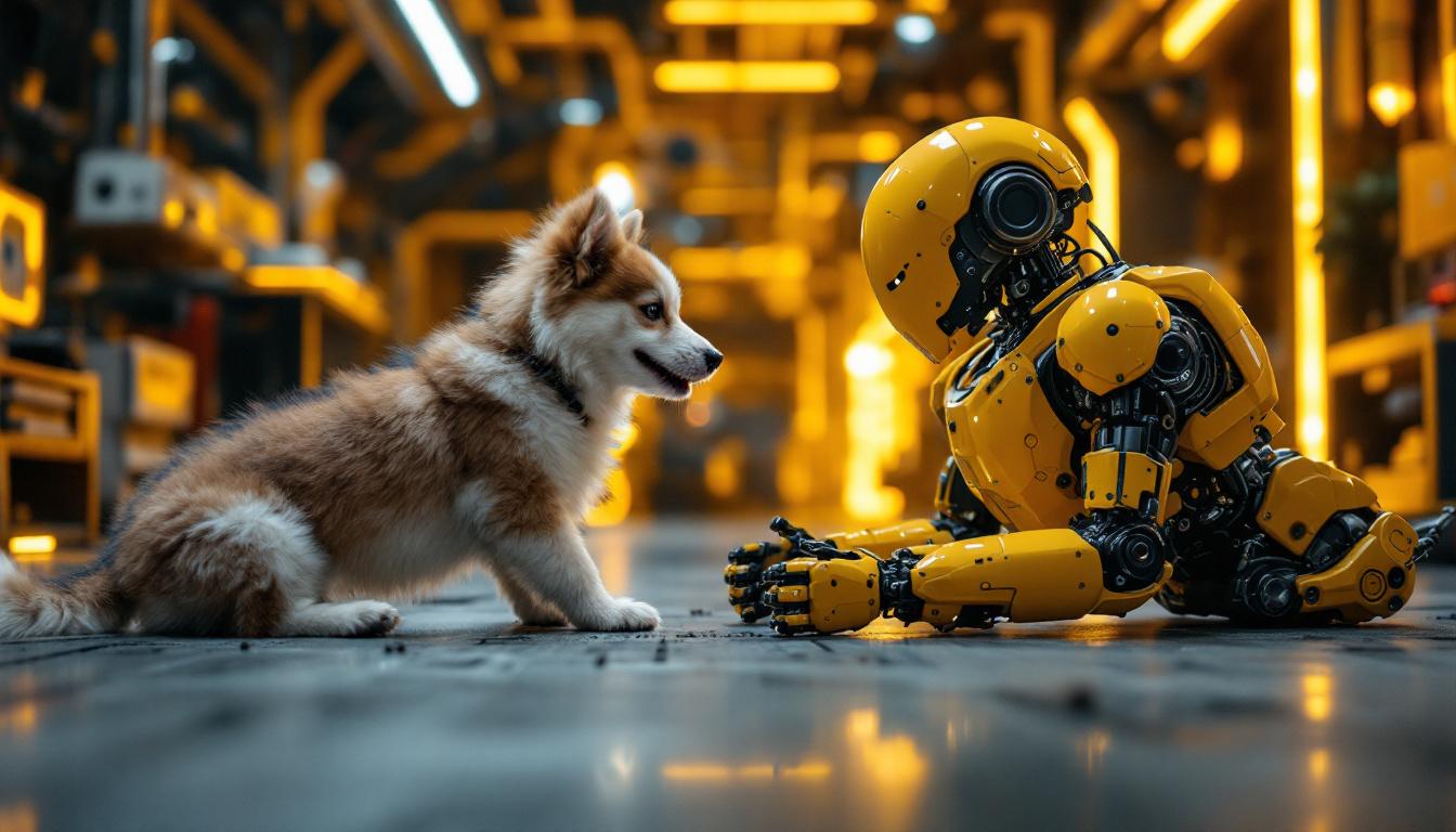 A photograph of a playful dog interacting with a futuristic industrial robot in a dynamic