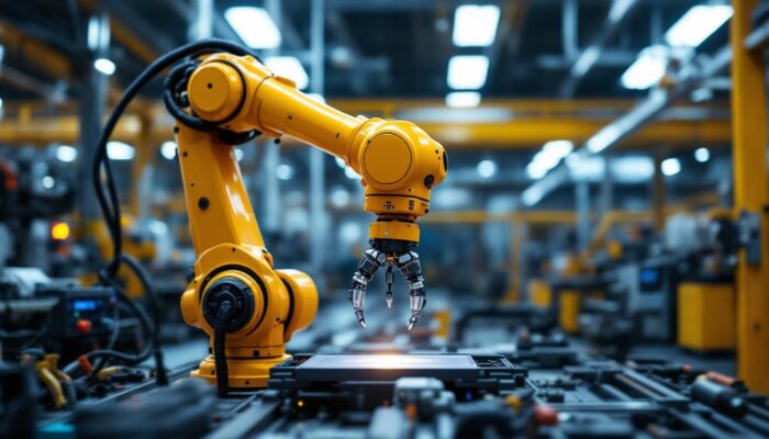 A photograph of a state-of-the-art industrial robotic arm in action