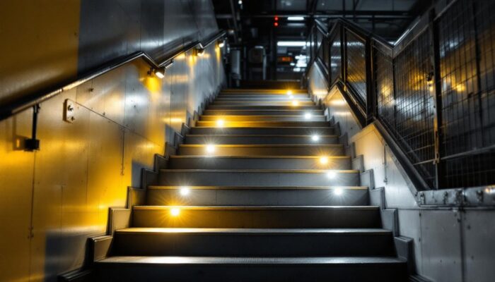 A photograph of a well-lit industrial staircase featuring strategically placed sensor lights that illuminate the steps