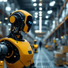 A photograph of a modern industrial robot equipped with a lidar sensor