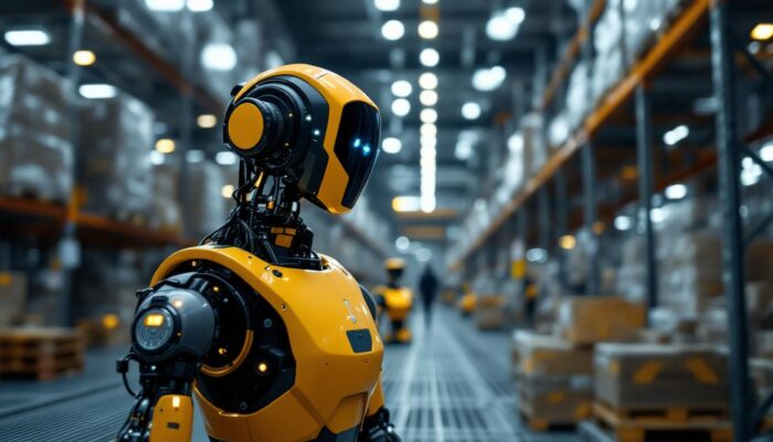 A photograph of a modern industrial robot equipped with a lidar sensor