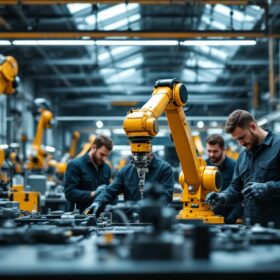 A photograph of a modern industrial workspace in boston featuring a robotic arm in action