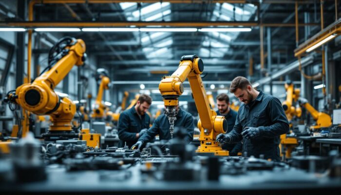 A photograph of a modern industrial workspace in boston featuring a robotic arm in action