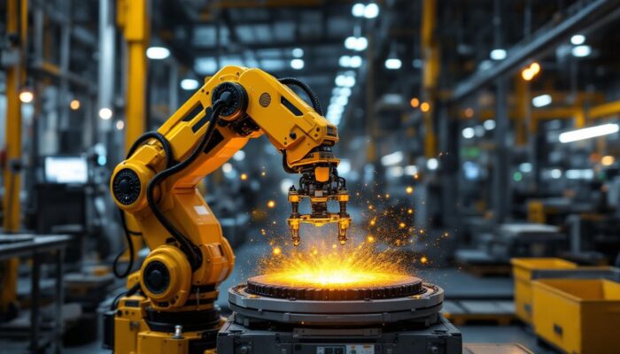 A photograph of a high-tech industrial robot in action