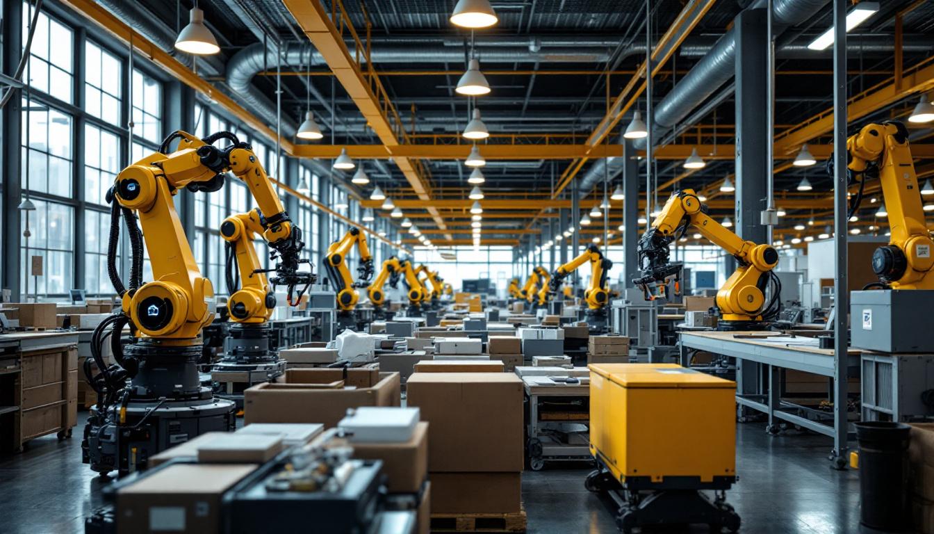 A photograph of a bustling boston post office with industrial robots in action