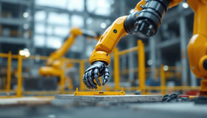 A photograph of a modern industrial robotic arm in action at a construction site