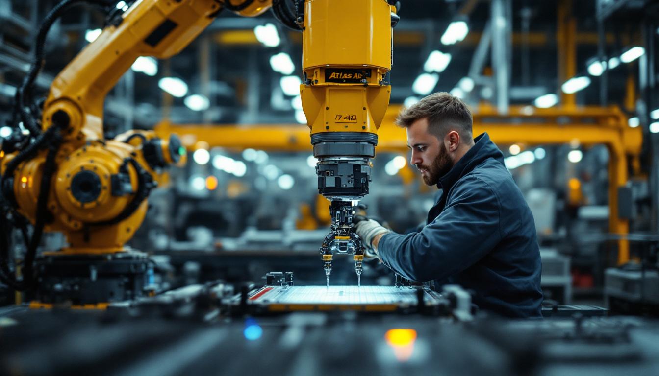 A photograph of a skilled technician operating an industrial robotic arm in a modern manufacturing environment