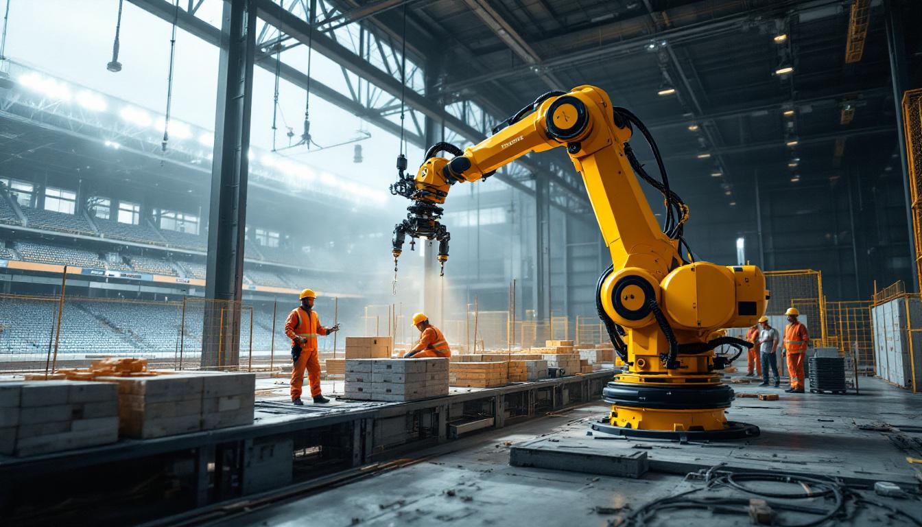 A photograph of a dynamic industrial robotic arm in action