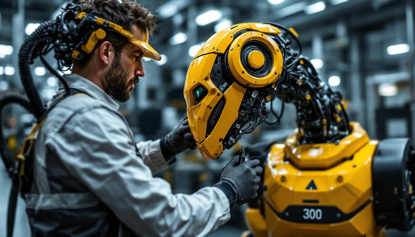A photograph of a skilled technician conducting a detailed inspection of an industrial robot