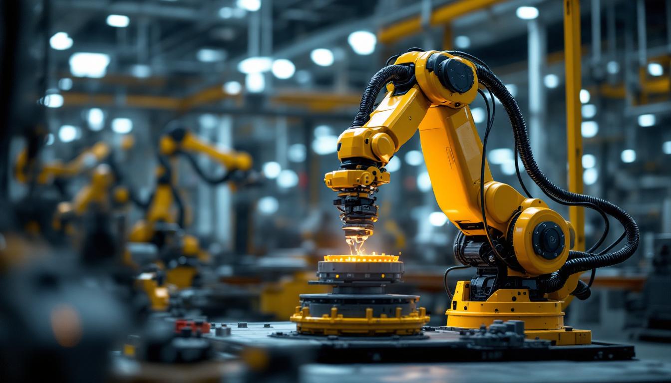 A photograph of a dynamic industrial setting featuring a robotic arm in action
