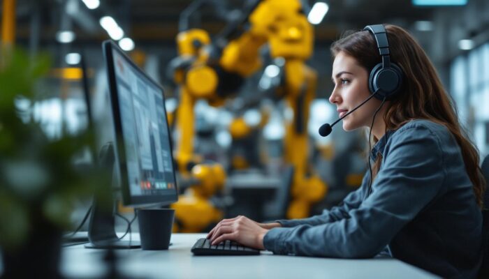 A photograph of a person using a headset with a microphone in a modern office setting
