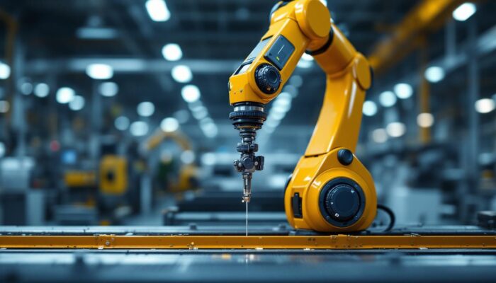 A photograph of capture a photograph of a sleek industrial robotic arm in action