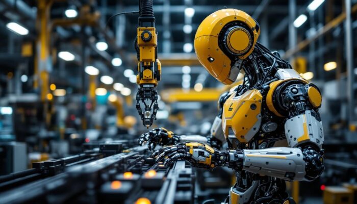 A photograph of a sleek industrial robot in action within a manufacturing environment