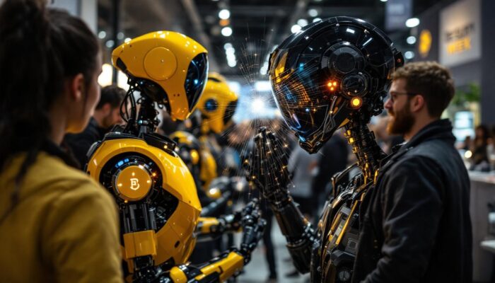 A photograph of a dynamic interaction between attendees and industrial robots at boston design week 2024