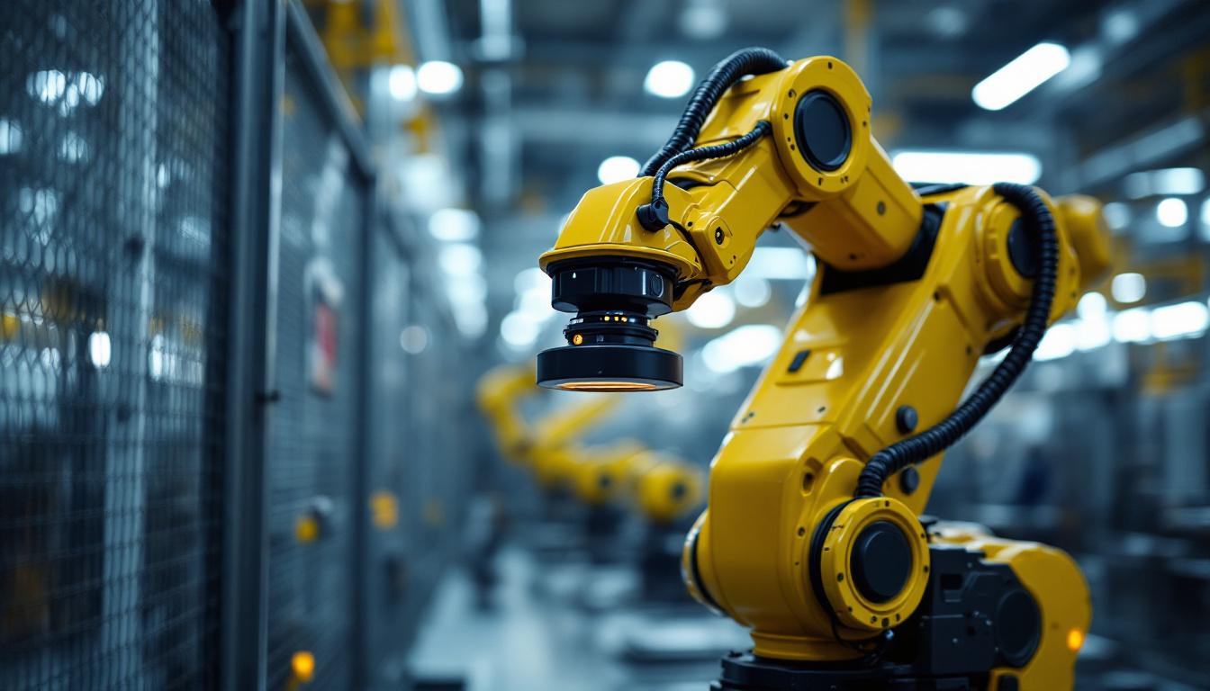 A photograph of a robotic arm equipped with a 3d lidar scanner in an industrial setting