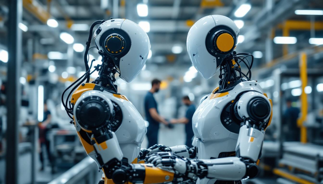 A photograph of a sleek industrial robot in action within a manufacturing environment