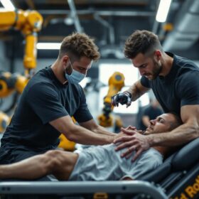 A photograph of a dynamic scene featuring an athletic trainer in action