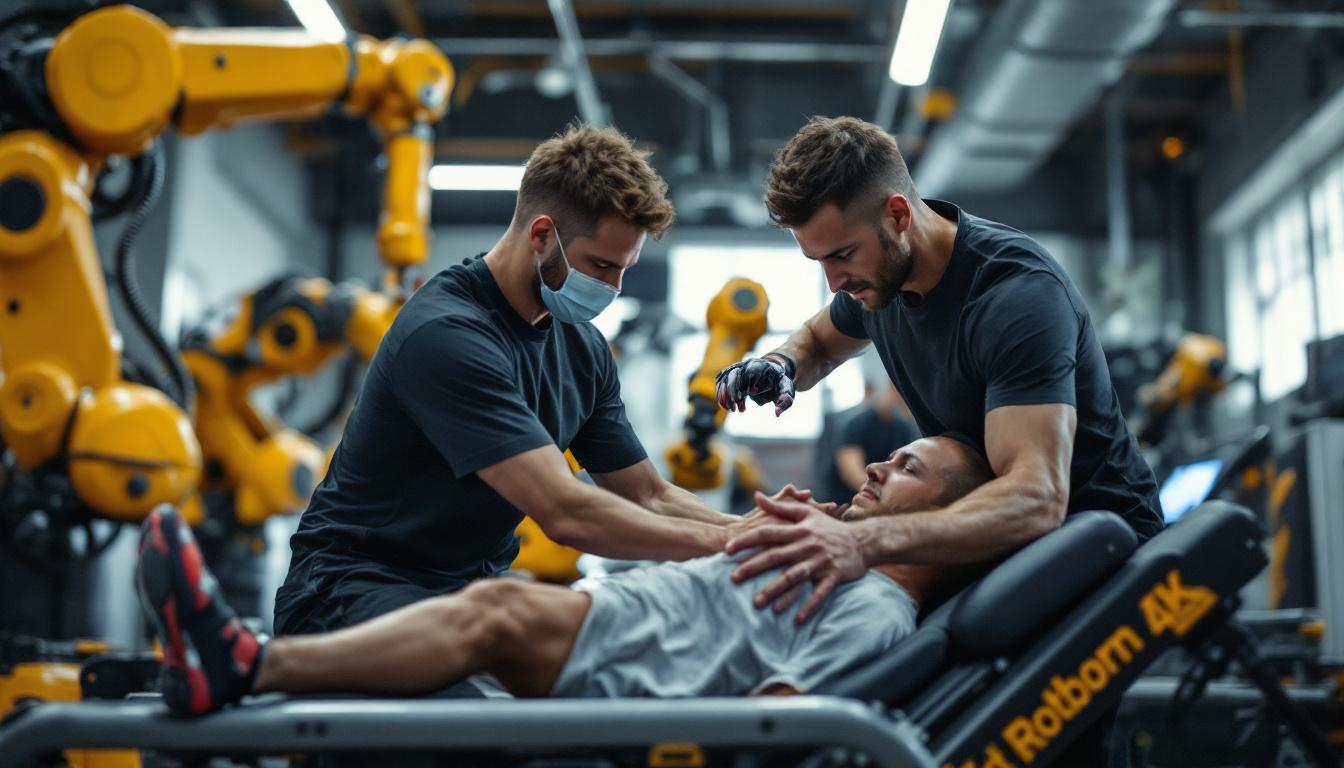 A photograph of a dynamic scene featuring an athletic trainer in action