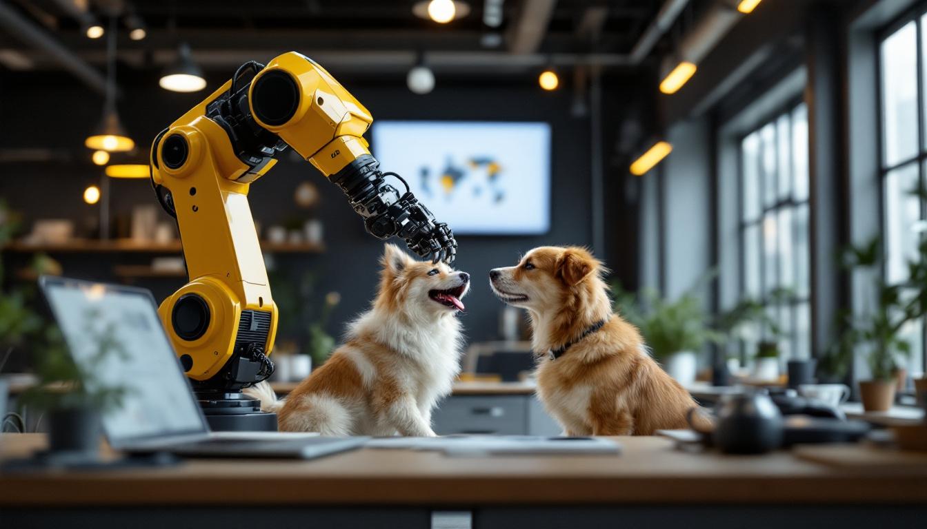 A photograph of a sleek industrial robotic arm interacting with a playful dog in a modern workspace