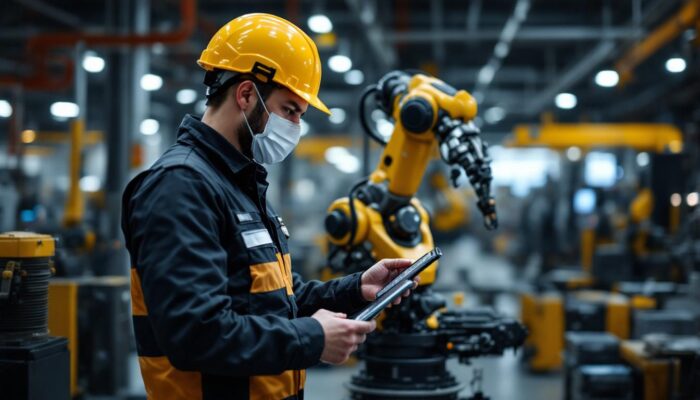 A photograph of a field service engineer interacting with an industrial robot in a dynamic manufacturing environment