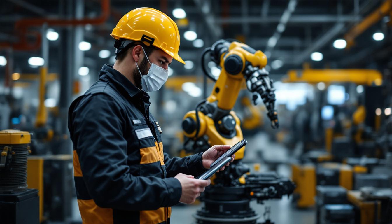 A photograph of a field service engineer interacting with an industrial robot in a dynamic manufacturing environment