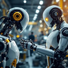 A photograph of a sleek industrial robot in action within a manufacturing environment