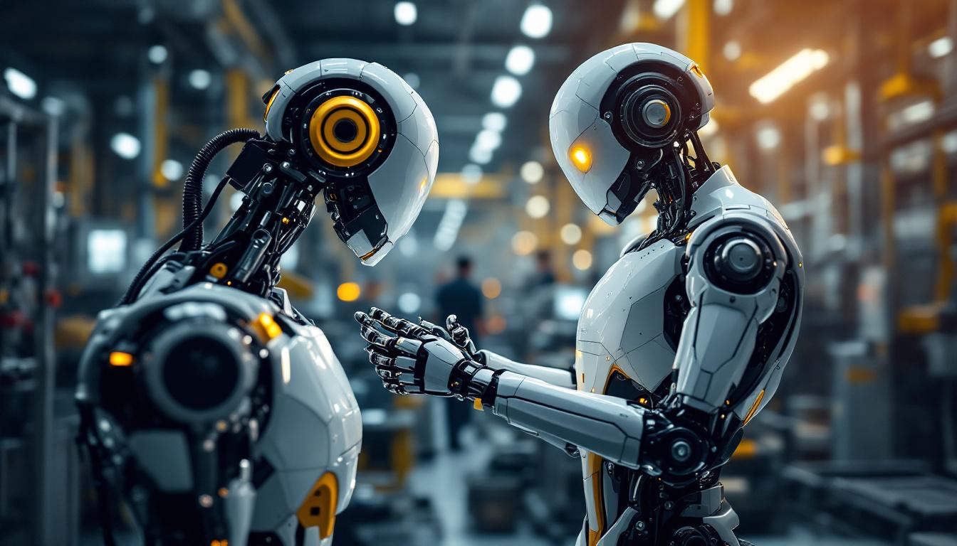 A photograph of a sleek industrial robot in action within a manufacturing environment