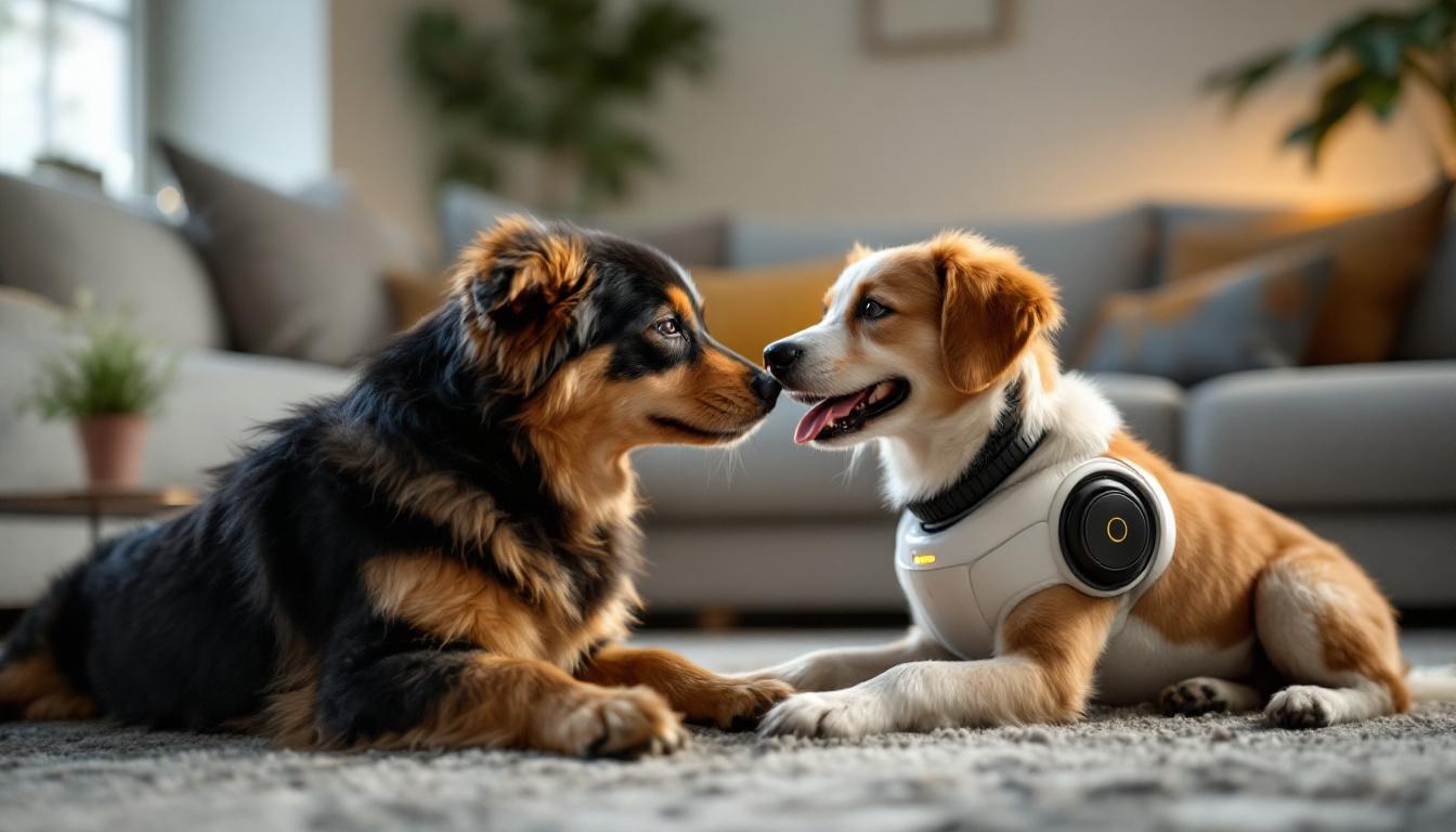 A photograph of a friendly robotic pet sitter interacting with a playful dog in a cozy home environment