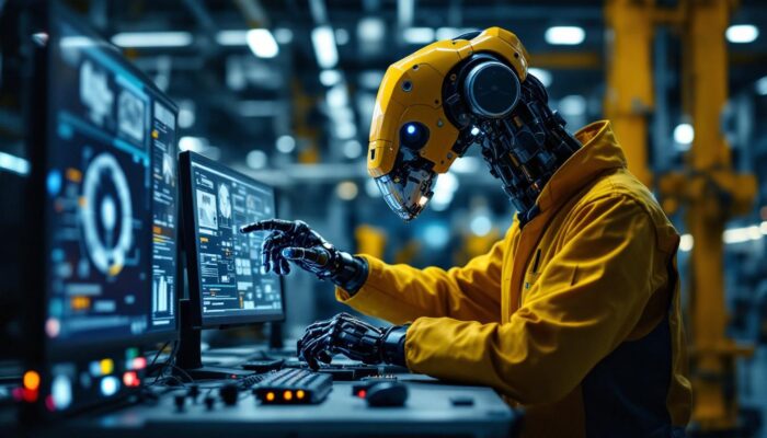 A photograph of a skilled engineer programming or interacting with an industrial robot in a modern manufacturing environment