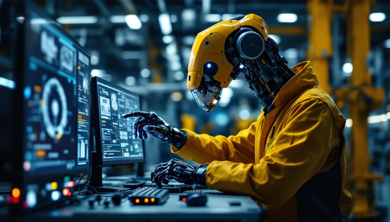 A photograph of a skilled engineer programming or interacting with an industrial robot in a modern manufacturing environment