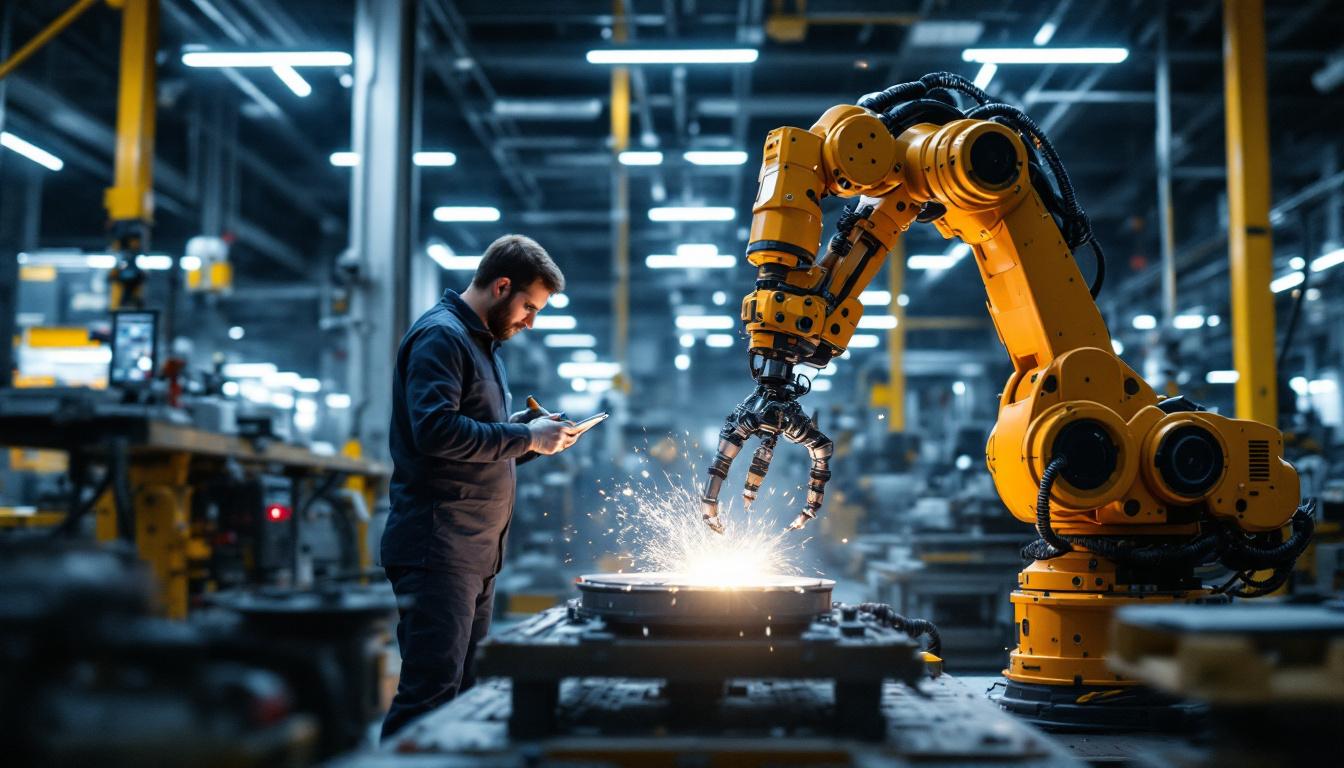 A photograph of a dynamic industrial robotics workspace in boston