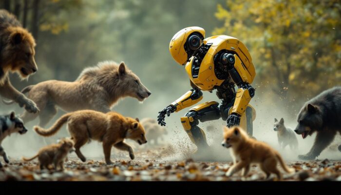 A photograph of a dynamic scene showcasing various animals in motion