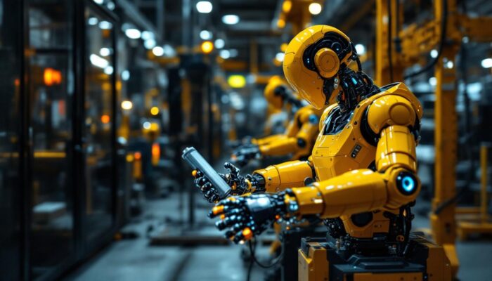 A photograph of a sleek industrial robot in action within a manufacturing environment