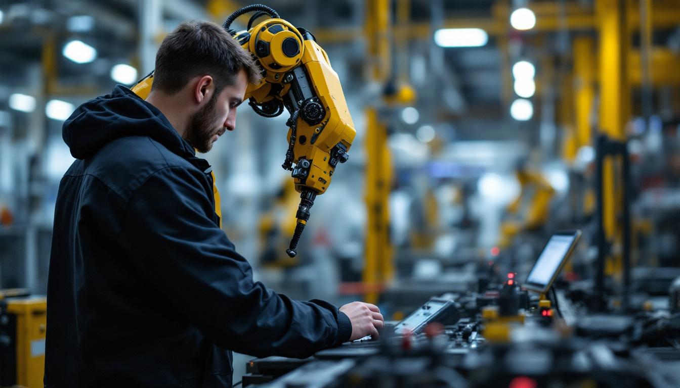A photograph of a skilled technician programming or operating an industrial robot in a modern manufacturing facility
