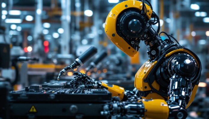 A photograph of a sleek industrial robot in action within a manufacturing environment