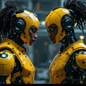 A photograph of a dynamic duo of dancers resembling les twins