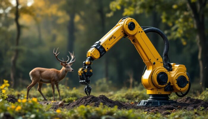 A photograph of a striking industrial robotic arm in action